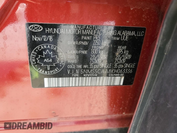 2019 Hyundai Santa Fe Ultimate with VIN 5NMS5CAA8KH063336, listed as a Copart auction lot 46734315 with 106,484 mi miles and Salvage Title. Bid and sale history available at DreamBid. Image 14.