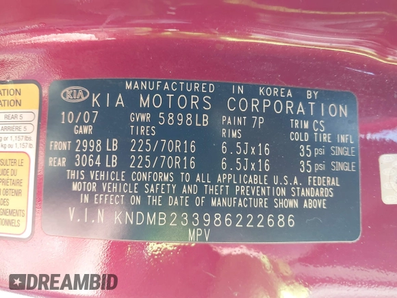 2008 Kia Sedona LX with VIN KNDMB233986222686, listed as a IAAI auction lot 41370167 with 216,383 mi miles. Bid and sale history available at carsss.com. Image 9.