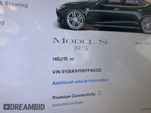 2014 Tesla Model S 60 z VIN 5YJSA1H11EFP44322, wystawiony jako Copart lot #59038135 z przebiegiem 146 015 mil mil oraz Czysty tytuł • Clean title. Historia ofert i sprzedaży dostępna na DreamBid. Obrazek 8.