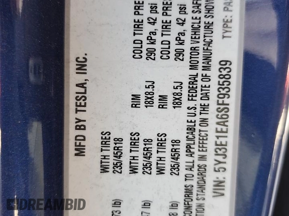 2025 Tesla Model 3 Long Range with VIN 5YJ3E1EA6SF935839, listed as a Copart auction lot 57665785 with 5,996 mi miles and Salvage title. Bid and sale history available at DreamBid. Image 13.