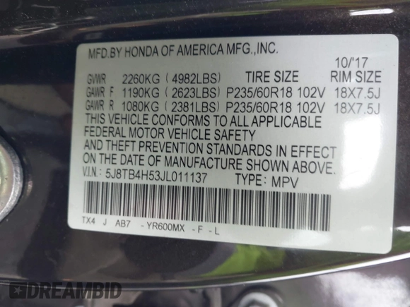 2018 Acura RDX w/Technology Pkg with VIN 5J8TB4H53JL011137, listed as a IAAI auction lot 41898202 with 54,356 mi miles. Bid and sale history available at carsss.com. Image 9.
