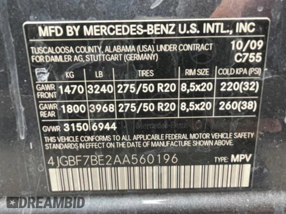 2010 Mercedes-Benz GL-Class GL 450 with VIN 4JGBF7BE2AA560196, listed as a Copart auction lot 79782314 with 0 mi miles and Clean Title. Bid and sale history available at carsss.com. Image 10.