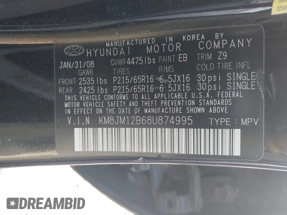 2008 Hyundai Tucson GLS with VIN KM8JM12B68U874995, listed as a IAAI auction lot 42164401 with 1 mi miles. Bid and sale history available at carsss.com. Image 9.
