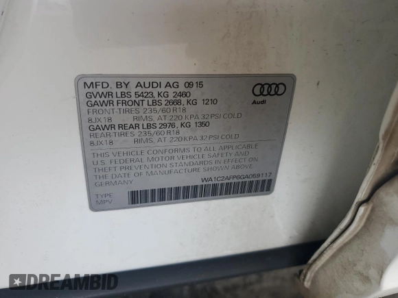 2016 Audi Q5 Premium z VIN WA1C2AFP6GA059117, wystawiony jako Copart lot #60768575 z przebiegiem Nie podano mil oraz Szkoda całkowita • Salvage title. Historia ofert i sprzedaży dostępna na DreamBid. Obrazek 12.