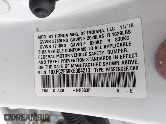 2019 Honda Civic Sedan LX with VIN 19XFC2F69KE004213, listed as a IAAI auction lot 41995390 with 60,965 mi miles. Bid and sale history available at carsss.com. Image 9.