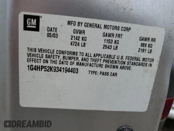 2003 Buick LeSabre Custom with VIN 1G4HP52K934194403, listed as a Copart auction lot 65787444 with 194,584 mi miles and Salvage Title. Bid and sale history available at carsss.com. Image 15.