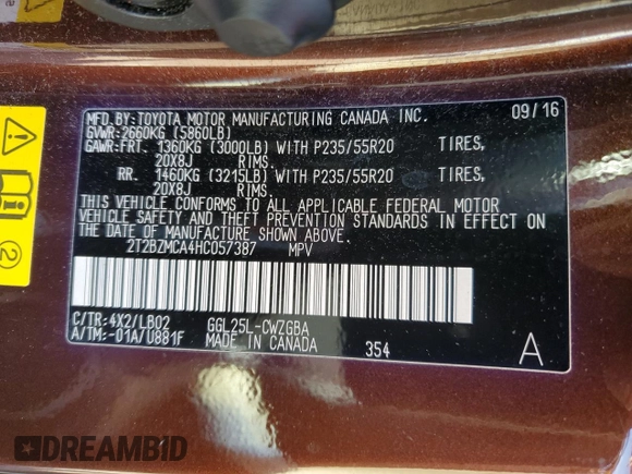 2017 Lexus RX 350 with VIN 2T2BZMCA4HC057387, listed as a Copart auction lot 58075095 with 23,492 mi miles and Salvage title. Bid and sale history available at DreamBid. Image 13.