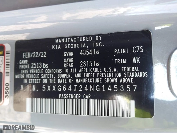 2022 Kia K5 GT-Line with VIN 5XXG64J24NG145357, listed as a IAAI auction lot 41380100 with 44,887 mi miles. Bid and sale history available at carsss.com. Image 9.
