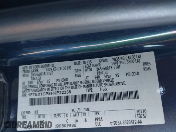 2015 Ford F-150 XL with VIN 1FTEX1CP8FKE22336, listed as a IAAI auction lot 41810766 with 124,354 mi miles and . Bid and sale history available at DreamBid. Image 9.