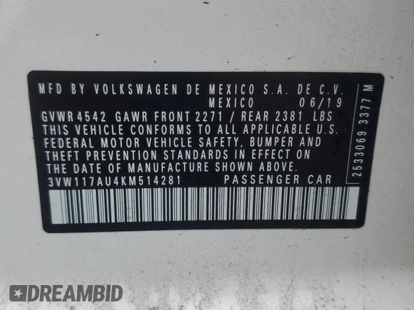 2019 Volkswagen Golf S с VIN 3VW117AU4KM514281, выставлен на аукционе Copart как лот 58374035 с пробегом 73 246 миль миль и Списание • Salvage title. История ставок и продаж доступна на DreamBid. Изображение 13.
