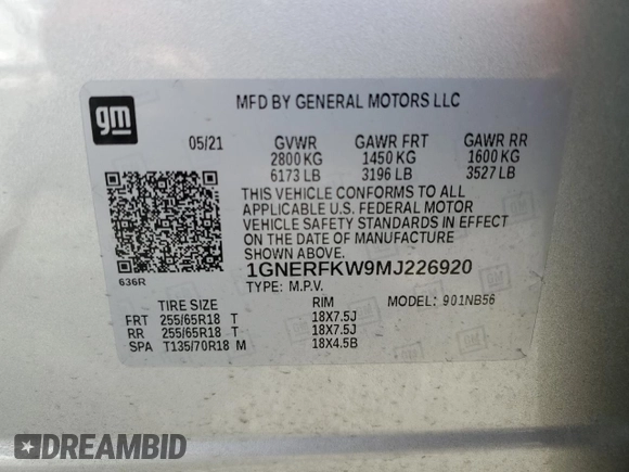 2021 Chevrolet Traverse LS z VIN 1GNERFKW9MJ226920, wystawiony jako Copart lot #53464255 z przebiegiem 75 609 mil mil oraz Szkoda całkowita • Salvage title. Historia ofert i sprzedaży dostępna na DreamBid. Obrazek 13.