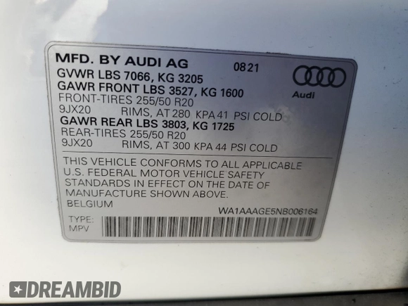 2022 Audi e-tron Premium with VIN WA1AAAGE5NB006164, listed as a Copart auction lot 79692604 with 15,918 mi miles and Salvage Title. Bid and sale history available at carsss.com. Image 14.