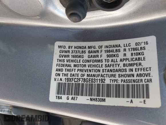 2016 Honda Civic EX with VIN 19XFC2F78GE031192, listed as a IAAI auction lot 42077879 with 79,046 mi miles and . Bid and sale history available at DreamBid. Image 9.