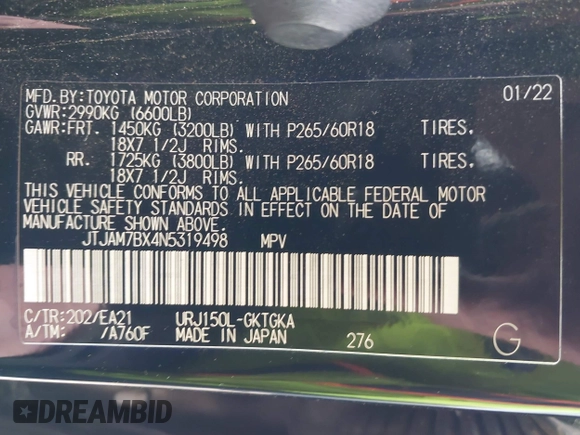 2022 Lexus GX 460 Premium with VIN JTJAM7BX4N5319498, listed as a IAAI auction lot 42202260 with 24,800 mi miles and . Bid and sale history available at DreamBid. Image 9.