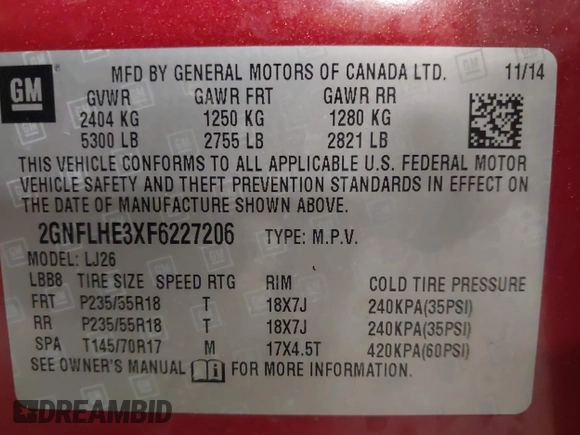 2015 Chevrolet Equinox LTZ with VIN 2GNFLHE3XF6227206, listed as a IAAI auction lot 41536995 with 139,000 mi miles. Bid and sale history available at carsss.com. Image 9.