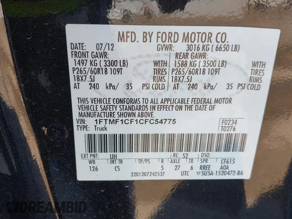 2012 Ford F-150 XL with VIN 1FTMF1CF1CFC54775, listed as a IAAI auction lot 41750647 with 11 mi miles. Bid and sale history available at carsss.com. Image 9.