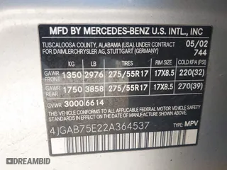 2002 Mercedes-Benz M-Class with VIN 4JGAB75E22A364537, listed as a IAAI auction lot 42119184 with 222,372 mi miles. Bid and sale history available at carsss.com. Image 9.
