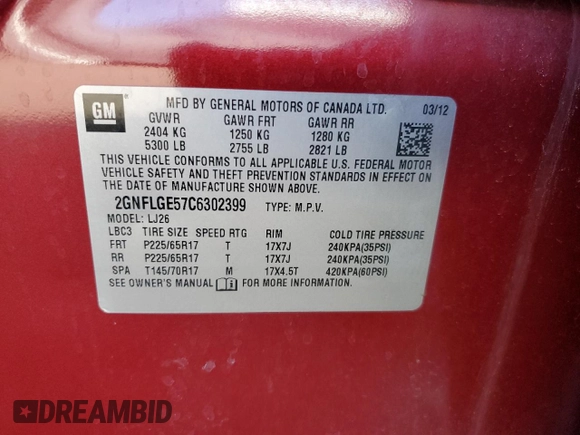 2012 Chevrolet Equinox LTZ with VIN 2GNFLGE57C6302399, listed as a Copart auction lot 46603845 with 140,072 mi miles and Salvage Title. Bid and sale history available at carsss.com. Image 14.