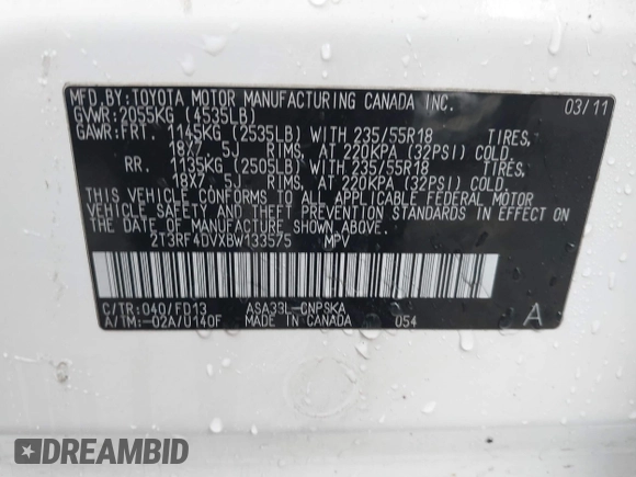 2011 Toyota RAV4 Sport with VIN 2T3RF4DVXBW133575, listed as a IAAI auction lot 41781017 with 1 mi miles. Bid and sale history available at carsss.com. Image 9.