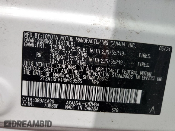 2024 Toyota RAV4 XLE Premium с VIN 2T3A1RFV4RW459565, выставлен на аукционе Copart как лот 57836045 с пробегом 8 480 миль миль и Списание • Salvage title. История ставок и продаж доступна на DreamBid. Изображение 13.