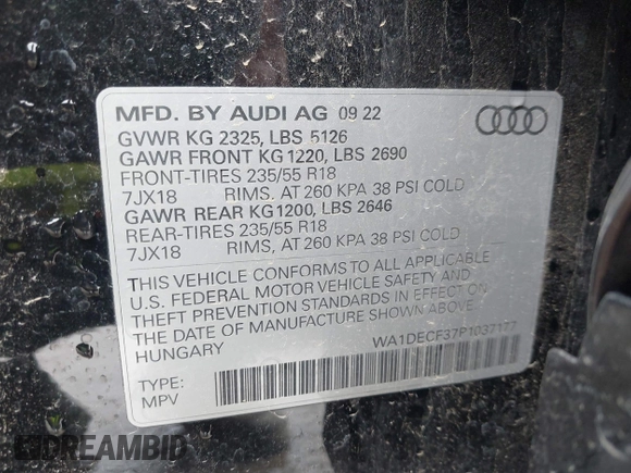 2023 Audi Q3 S line Premium with VIN WA1DECF37P1037177, listed as a IAAI auction lot 42124532 with 45,953 mi miles and . Bid and sale history available at DreamBid. Image 9.