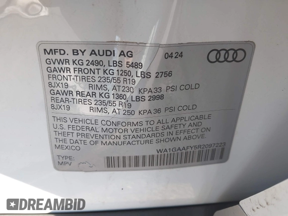 2024 Audi Q5 S line Premium z VIN WA1GAAFY5R2097223, wystawiony jako IAAI lot #41035850 z przebiegiem 1 234 mil mil oraz . Historia ofert i sprzedaży dostępna na DreamBid. Obrazek 9.