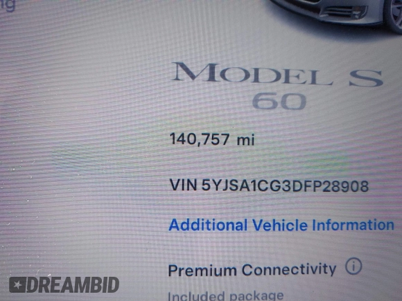 2013 Tesla Model S with VIN 5YJSA1CG3DFP28908, listed as a IAAI auction lot 41804041 with 140,756 mi miles and . Bid and sale history available at DreamBid. Image 15.