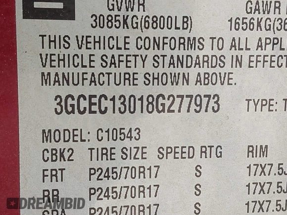 2008 Chevrolet Silverado 1500 1LT with VIN 3GCEC13018G277973, listed as a IAAI auction lot 41915142 with 177,462 mi miles and . Bid and sale history available at DreamBid. Image 9.