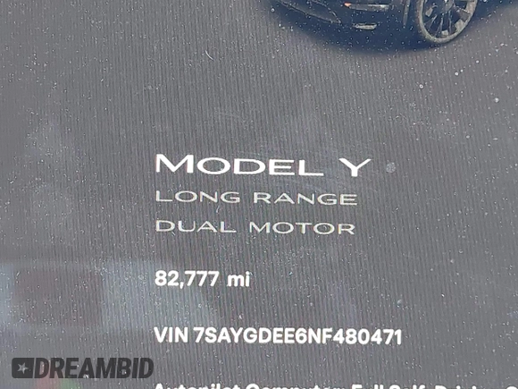 2022 Tesla Model Y Long Range with VIN 7SAYGDEE6NF480471, listed as a IAAI auction lot 41985797 with 82,777 mi miles and . Bid and sale history available at DreamBid. Image 16.