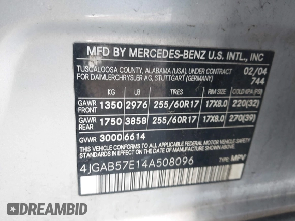 2004 Mercedes-Benz M 3.5L with VIN 4JGAB57E14A508096, listed as a IAAI auction lot 42126128 with 111,596 mi miles. Bid and sale history available at carsss.com. Image 9.