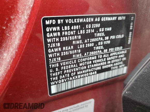 2011 Volkswagen Tiguan SE with VIN WVGBV7AXXBW001845, listed as a Copart auction lot 52414935 with 256,311 mi miles and Salvage Title. Bid and sale history available at DreamBid. Image 12.