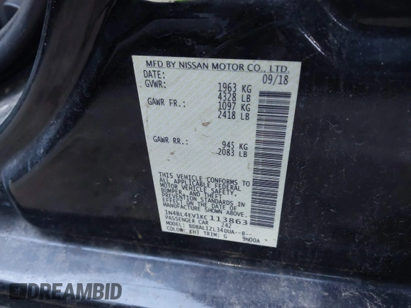 2019 Nissan Altima 2.5 SL with VIN 1N4BL4EV1KC113863, listed as a IAAI auction lot 41723231 with 99,165 mi miles. Bid and sale history available at carsss.com. Image 9.