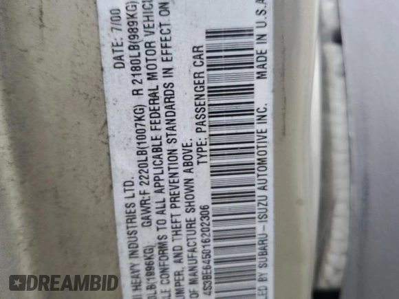 2001 Subaru Legacy with VIN 4S3BE645016202306, listed as a Copart auction lot 45784295 with 93,256 mi miles and Salvage title. Bid and sale history available at DreamBid. Image 12.