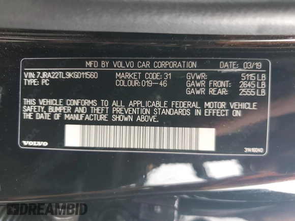 2019 Volvo S60 Inscription with VIN 7JRA22TL9KG011560, listed as a Copart auction lot 67409584 with 30,850 mi miles and Salvage Title. Bid and sale history available at carsss.com. Image 12.