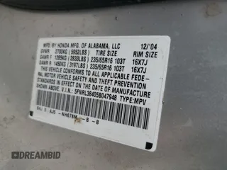 2005 Honda Odyssey EX with VIN 5FNRL38405B047948, listed as a Copart auction lot 50130755 with 0 mi miles and Salvage Title. Bid and sale history available at carsss.com. Image 13.
