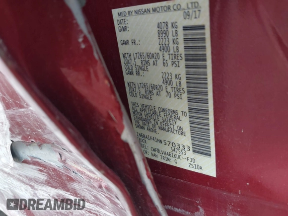2017 Nissan Titan XD PRO-4X with VIN 1N6BA1F41HN570333, listed as a IAAI auction lot 41741250 with 62,948 mi miles. Bid and sale history available at carsss.com. Image 9.