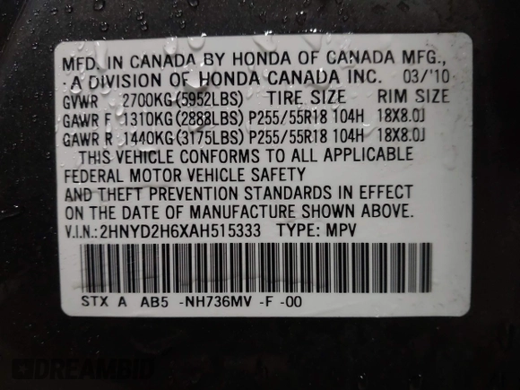 2010 Acura MDX Technology Pkg with VIN 2HNYD2H6XAH515333, listed as a IAAI auction lot 41834679 with 128,224 mi miles. Bid and sale history available at carsss.com. Image 9.