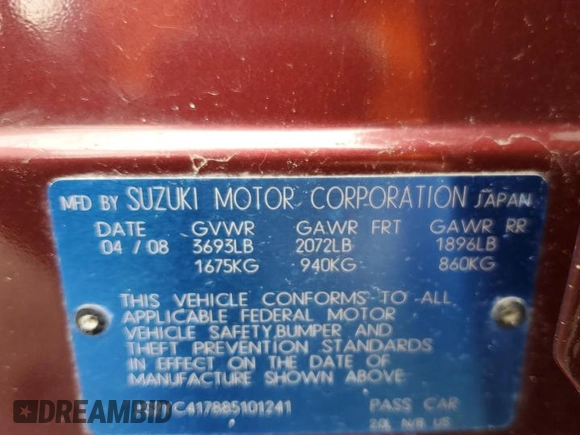 2008 Suzuki SX4 Touring Pkg 2 with VIN JS2YC417885101241, listed as a Copart auction lot 47620805 with 135,194 mi miles and Salvage Title. Bid and sale history available at carsss.com. Image 15.