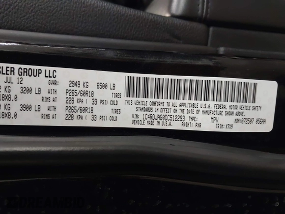 2013 Dodge Durango SXT with VIN 1C4RDJAG0DC512293, listed as a IAAI auction lot 41875919 with 191,128 mi miles and . Bid and sale history available at DreamBid. Image 9.