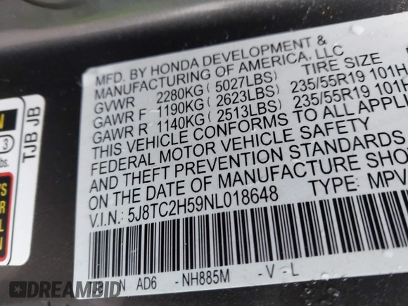 2022 Acura RDX w/Technology Package with VIN 5J8TC2H59NL018648, listed as a IAAI auction lot 41225825 with 16,864 mi miles. Bid and sale history available at carsss.com. Image 9.