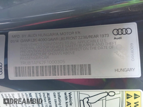 2015 Audi TTS 2.0T with VIN TRUB1AFK2F1000305, listed as a IAAI auction lot 41871213 with 108,264 mi miles and . Bid and sale history available at DreamBid. Image 9.