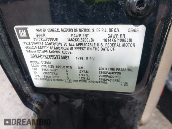 2005 GMC Yukon XL SLE z VIN 3GKEC16Z65G274481, wystawiony jako IAAI lot #42372136 z przebiegiem 251 824 mil mil oraz . Historia ofert i sprzedaży dostępna na DreamBid. Obrazek 9.