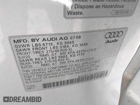 2009 Audi Q7 with VIN WA1AY74L49D008046, listed as a IAAI auction lot 42208999 with 166,855 mi miles and . Bid and sale history available at DreamBid. Image 9.