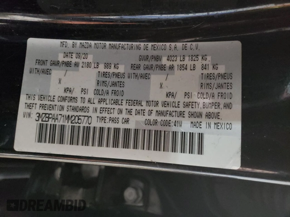 2021 Mazda 3 2.0 with VIN 3MZBPAA71MM205770, listed as a Copart auction lot 41704895 with 37,194 mi miles and Salvage Title. Bid and sale history available at DreamBid. Image 13.