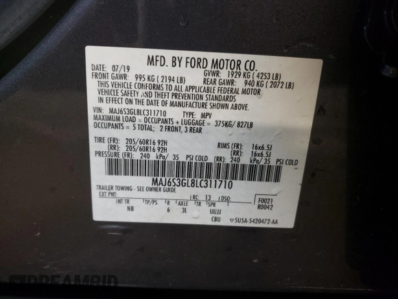 2020 Ford EcoSport SE with VIN MAJ6S3GL8LC311710, listed as a Copart auction lot 48908515 with 69,652 mi miles and Salvage Title. Bid and sale history available at carsss.com. Image 12.