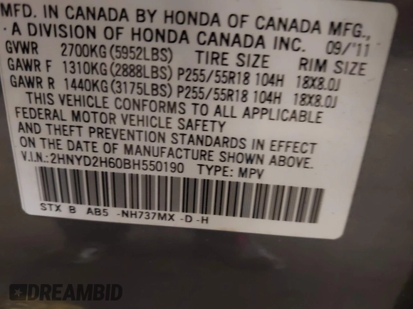2011 Acura MDX Tech Pkg with VIN 2HNYD2H60BH550190, listed as a IAAI auction lot 41914925 with 79,525 mi miles. Bid and sale history available at carsss.com. Image 9.
