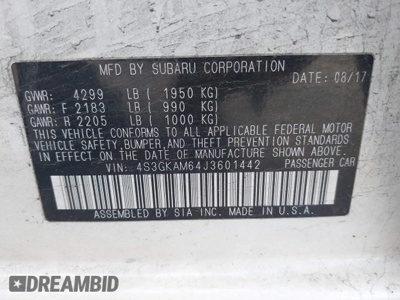2018 Subaru Impreza Special Sports with VIN 4S3GKAM64J3601442, listed as a IAAI auction lot 42076615 with 149,028 mi miles and . Bid and sale history available at DreamBid. Image 9.