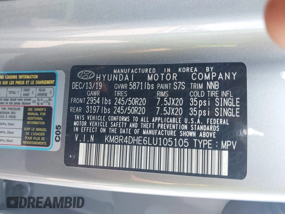 2020 Hyundai Palisade SEL with VIN KM8R4DHE6LU105105, listed as a IAAI auction lot 42552907 with 53,202 mi miles and . Bid and sale history available at DreamBid. Image 9.