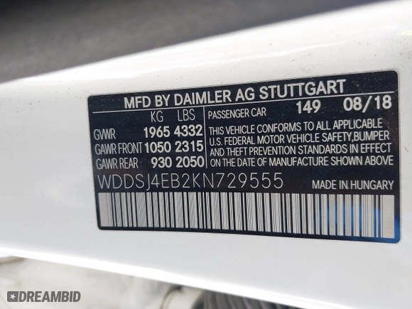 2019 Mercedes-Benz CLA with VIN WDDSJ4EB2KN729555, listed as a IAAI auction lot 41730007 with 50,914 mi miles. Bid and sale history available at carsss.com. Image 9.