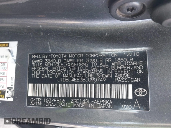 2011 Toyota Corolla L with VIN JTDBU4EE3BJ090749, listed as a IAAI auction lot 42106633 with 209,824 mi miles. Bid and sale history available at carsss.com. Image 9.